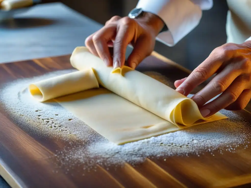 Un chef experto enrolla finas láminas de masa de cannoli en una mesa de madera, mostrando la receta auténtica cannoli siciliano