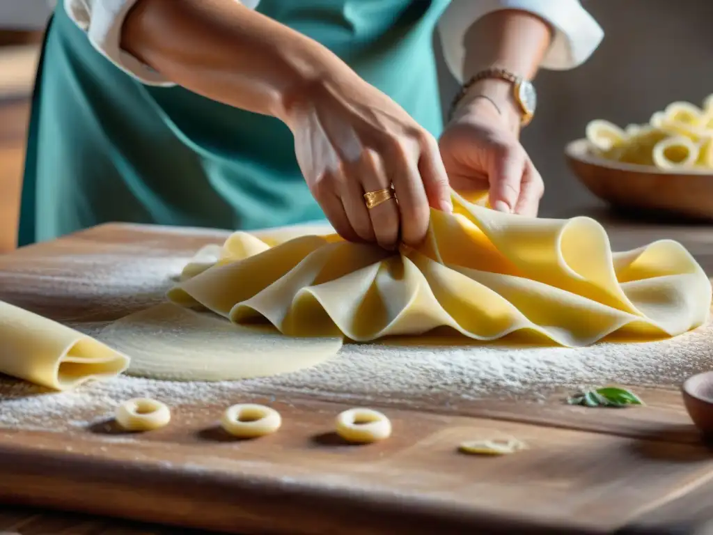 Un chef experto amasa finas láminas de pasta fresca en una mesa rústica