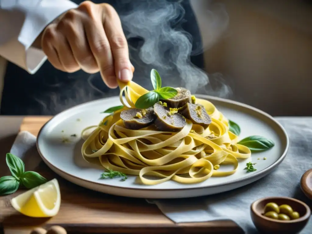 Un chef experto rallando finas láminas de trufa blanca Alba sobre tagliatelle en cocina italiana