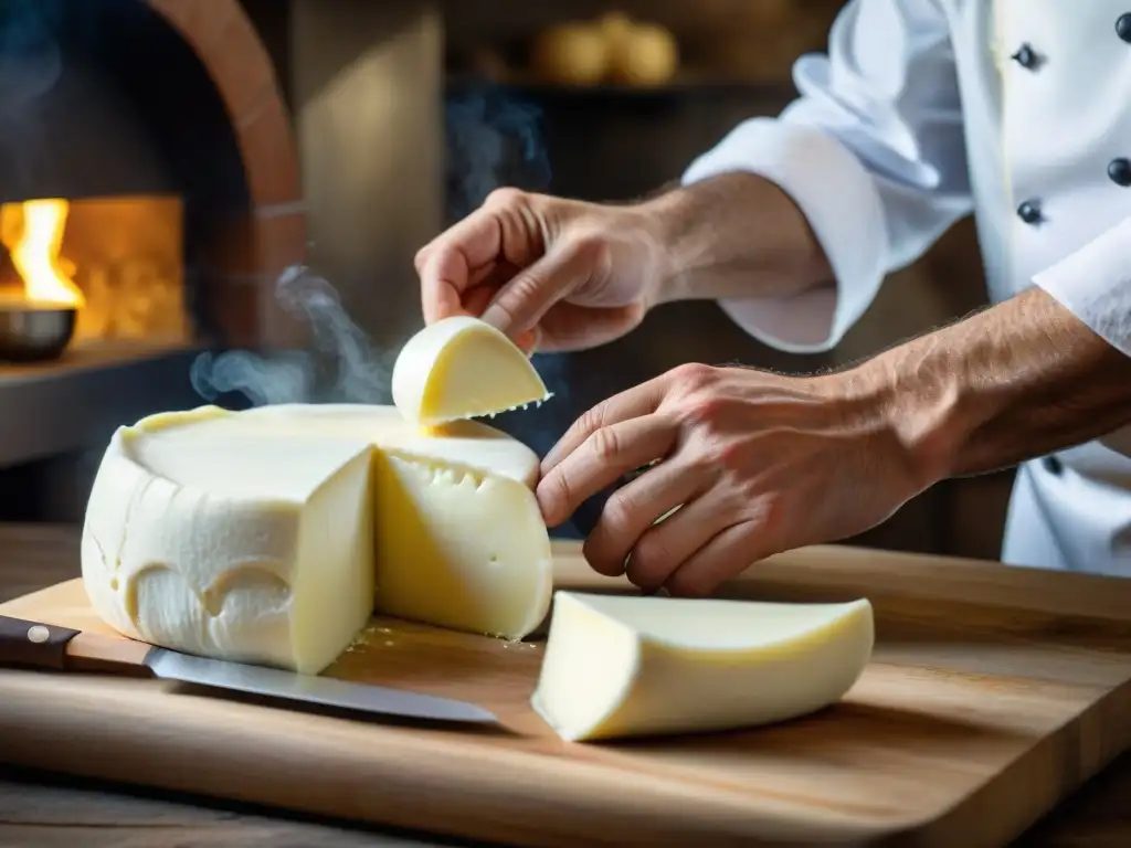 Un chef experto estira mozzarella fresca en una cocina tradicional de Campania