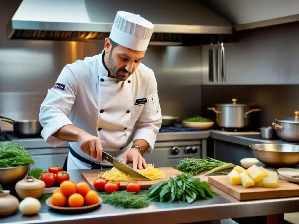 Un chef experto preparando una fusión eslovena en cocina italiana, rodeado de ingredientes frescos y coloridos de FriuliVenezia Giulia