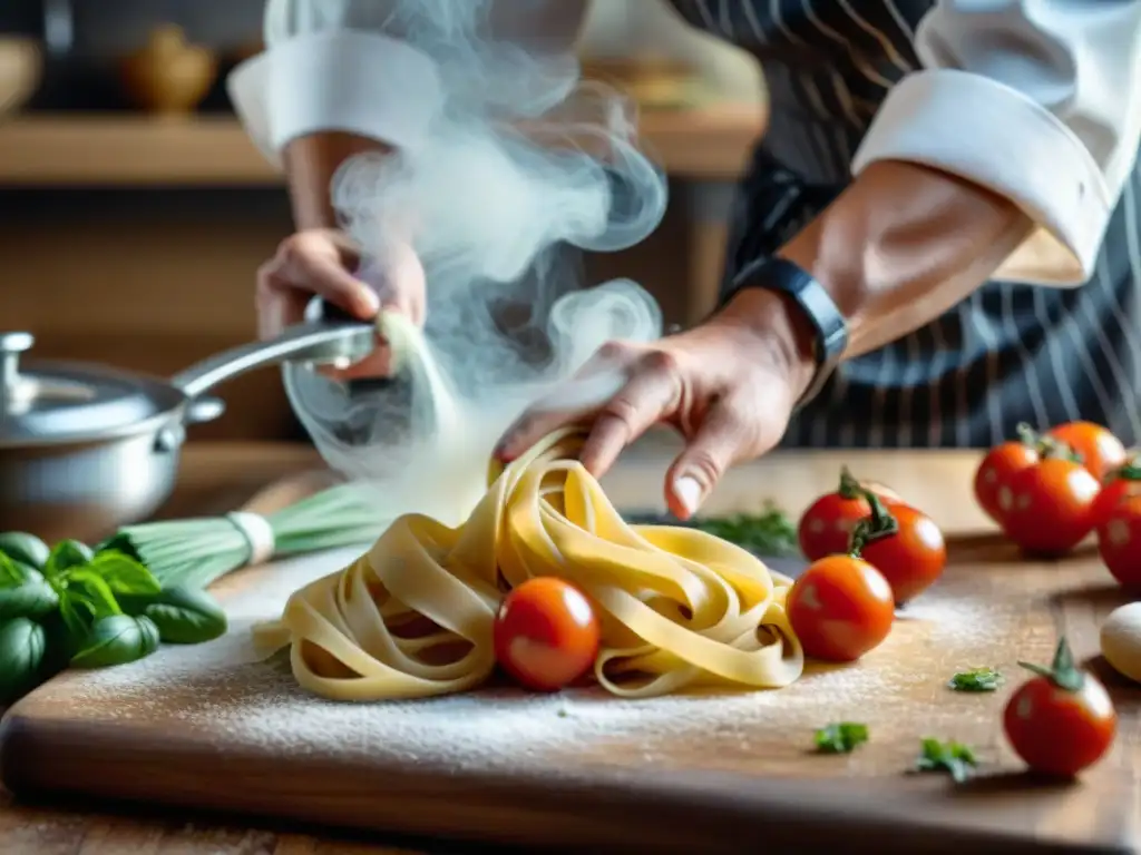 Un chef experto en fusión gastronómica italiana contemporánea twirls pasta a mano en una cocina rústica con hierbas frescas y tomates vibrantes