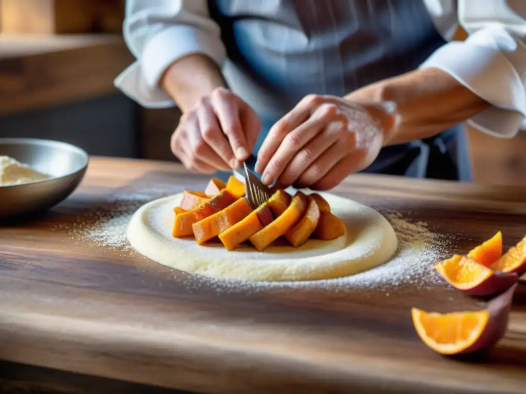 Un chef experto moldea gnocchi de batata dulce en una cocina rústica