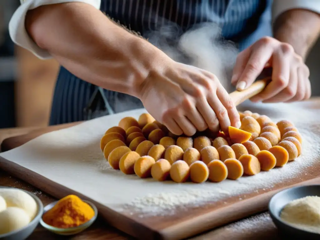 Un chef experto moldea gnocchi de batata dulce, resaltando la receta artesanal