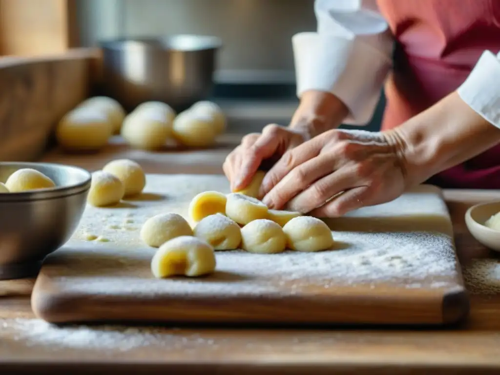 El chef experto moldea gnocchi caseros de patata con destreza en una cocina rústica