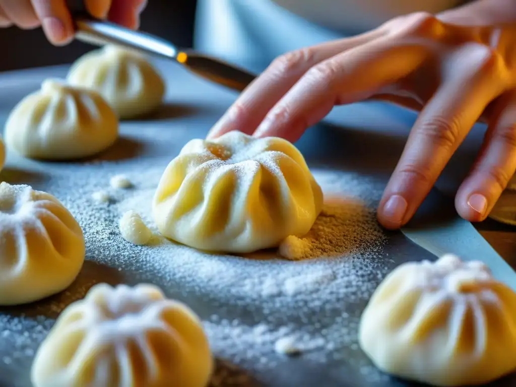 Un chef experto moldea gnocchi con detalle, creando auténtica receta casera de patata