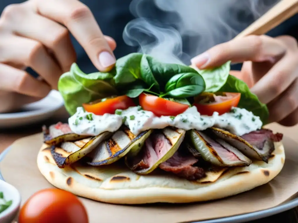 Un chef experto preparando un Gyro italiano receta tradicional con gyro, tomate, cebolla y salsa tzatziki en pan pita caliente