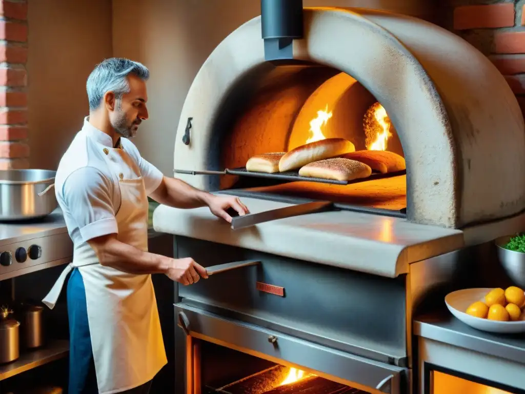 Un chef experto en un horno de leña italiano con técnicas de cocción italiana modernas