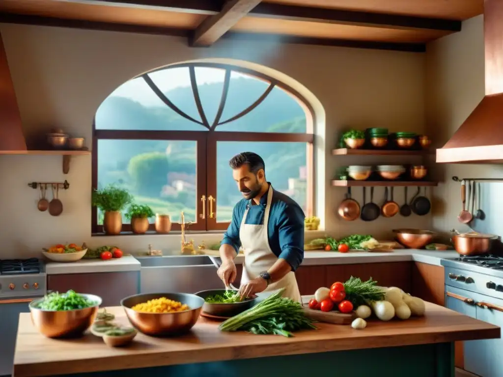 Un chef experto preparando ingredientes frescos en una cocina tradicional italiana, resaltando la autenticidad de la cocina italiana paso a paso