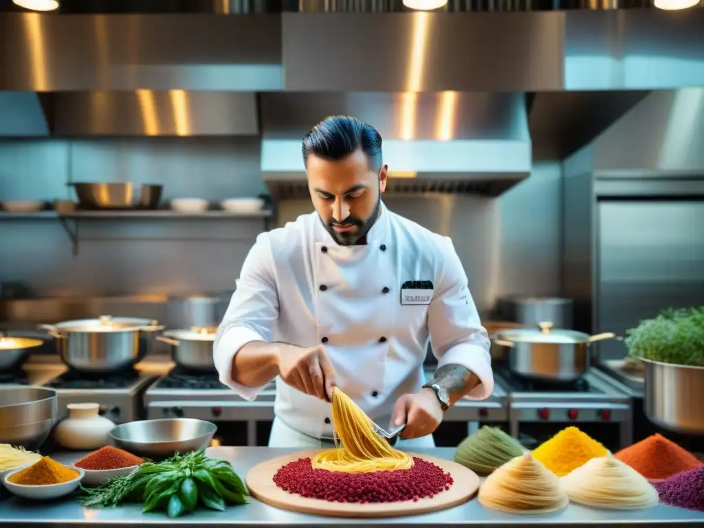 Un chef experto fusiona ingredientes italianos con especias del mundo en una cocina bulliciosa