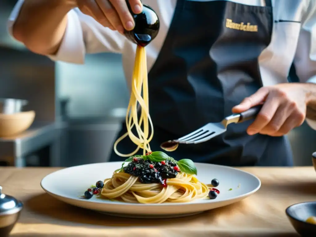 Un chef experto en innovaciones culinarias italianas sabores intensificados, drizzla vinagre balsámico oscuro sobre una exquisita pasta artesanal