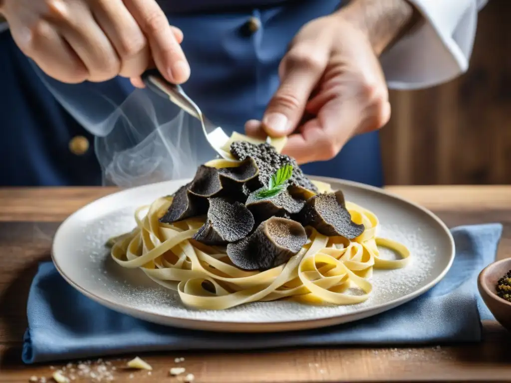 Chef experto guía trufa cocina italiana sobre tagliatelle casera, creando escena culinaria exquisita y tentadora en cocina rústica