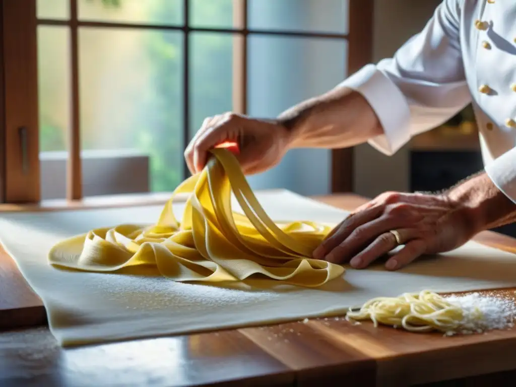 Chef experto preparando tagliatelle artesanalmente Un chef experto prepara tagliatelle italiano a mano con destreza, bajo la luz natural en una cocina