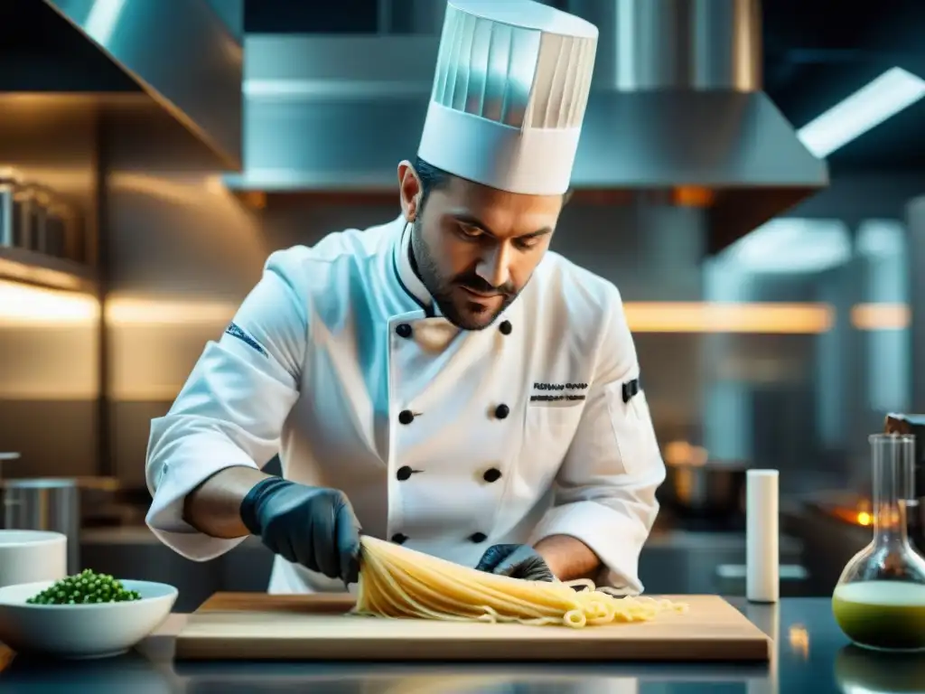 Un chef experto en un laboratorio de cocina moderna, usando técnicas moleculares para innovar platos de pasta italiana