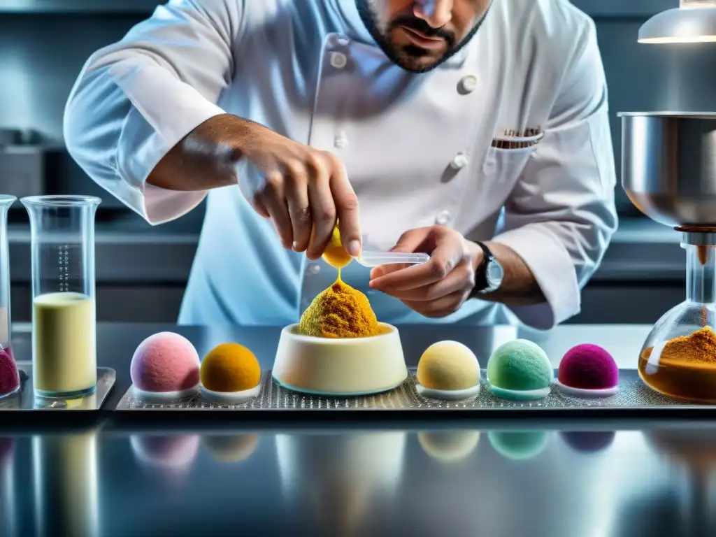 Un chef experto en un laboratorio de cocina moderno aplicando técnicas moleculares para crear postres italianos innovadores