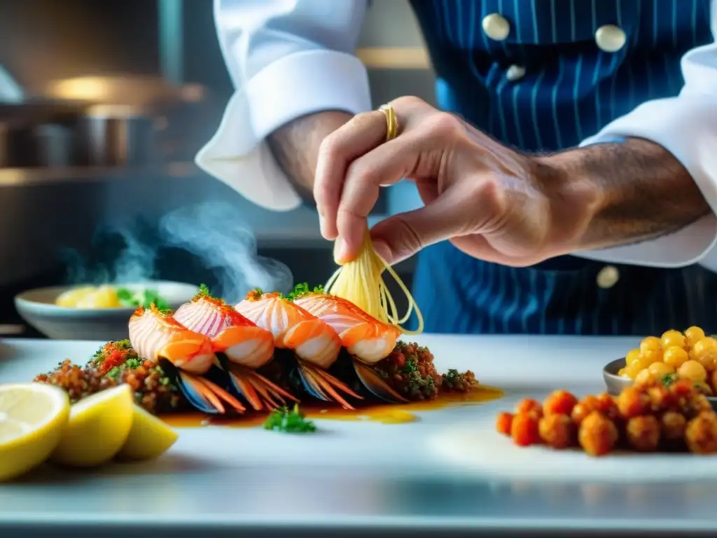 Un chef experto prepara langostinos con destreza, destacando la esencia de la receta langostinos estilo italiano