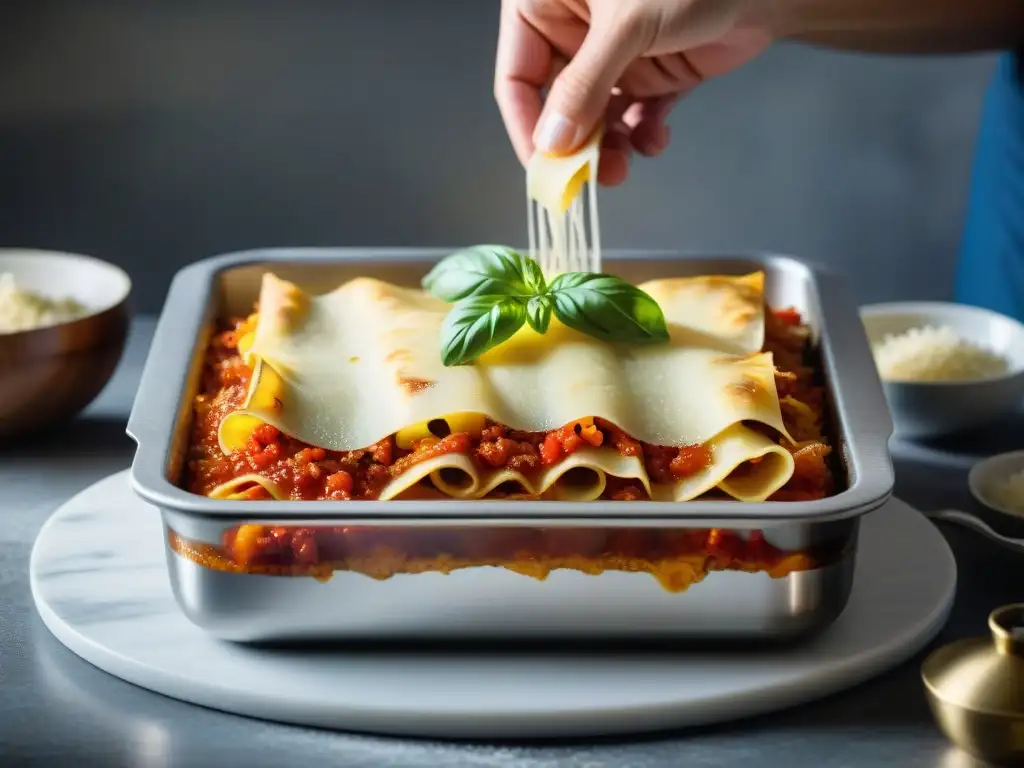 Un chef experto prepara una lasaña en una cocina italiana tradicional