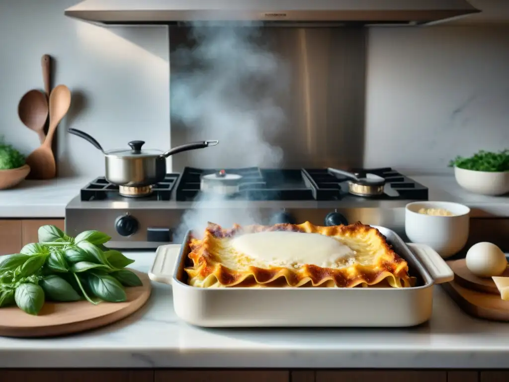 Un chef experto prepara una lasaña tradicional en una bulliciosa cocina italiana