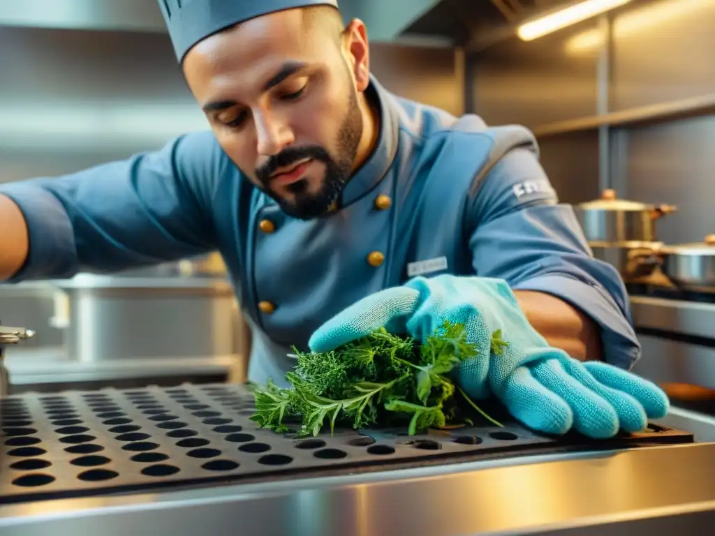 Un chef experto limpia con precisión un robot de cocina italiano en una cocina moderna y equipada