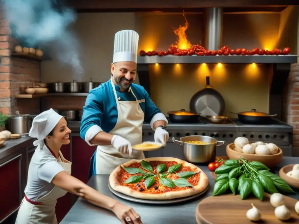 Un chef experto haciendo malabares con masa de pizza en una animada cocina italiana