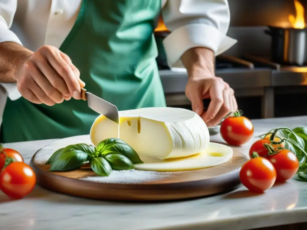 Un chef experto moldea a mano la mozzarella fresca en finas capas en una cocina tradicional italiana llena de ingredientes frescos