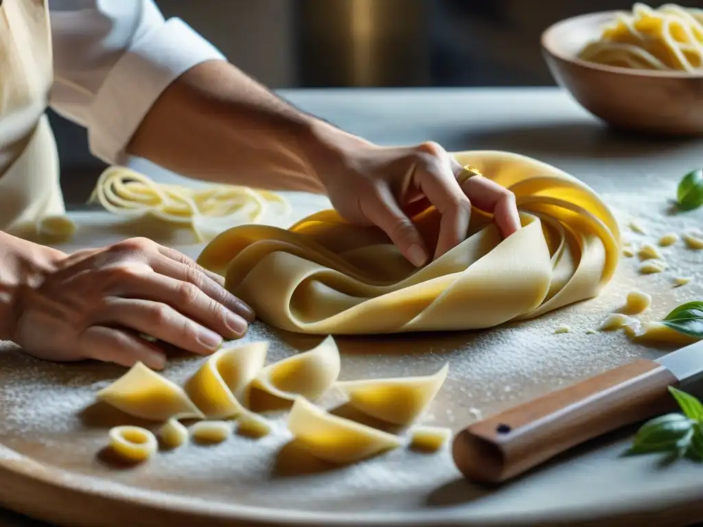 Un chef experto moldea a mano la pasta italiana tradicional, resaltando la precisión y arte en la cocina de fermentados italianos