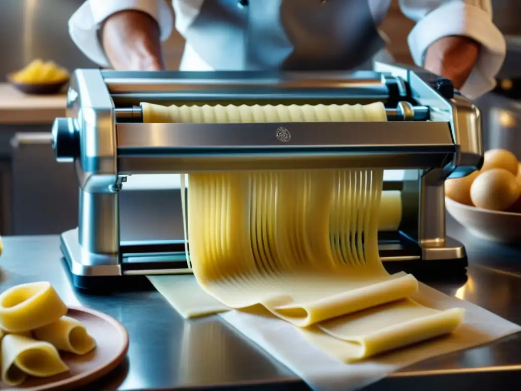 Un chef experto utilizando una máquina para pasta italiana revolucionaria, creando perfectas tiras de pasta fresca con destreza