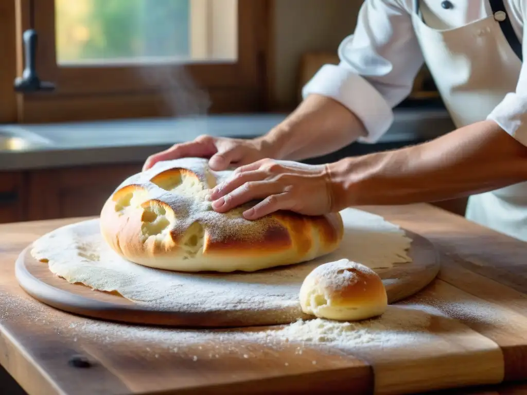 Un chef experto amasando masa para focaccia en una cocina rústica, mostrando la precisión del arte italiano de hacer focaccia paso a paso