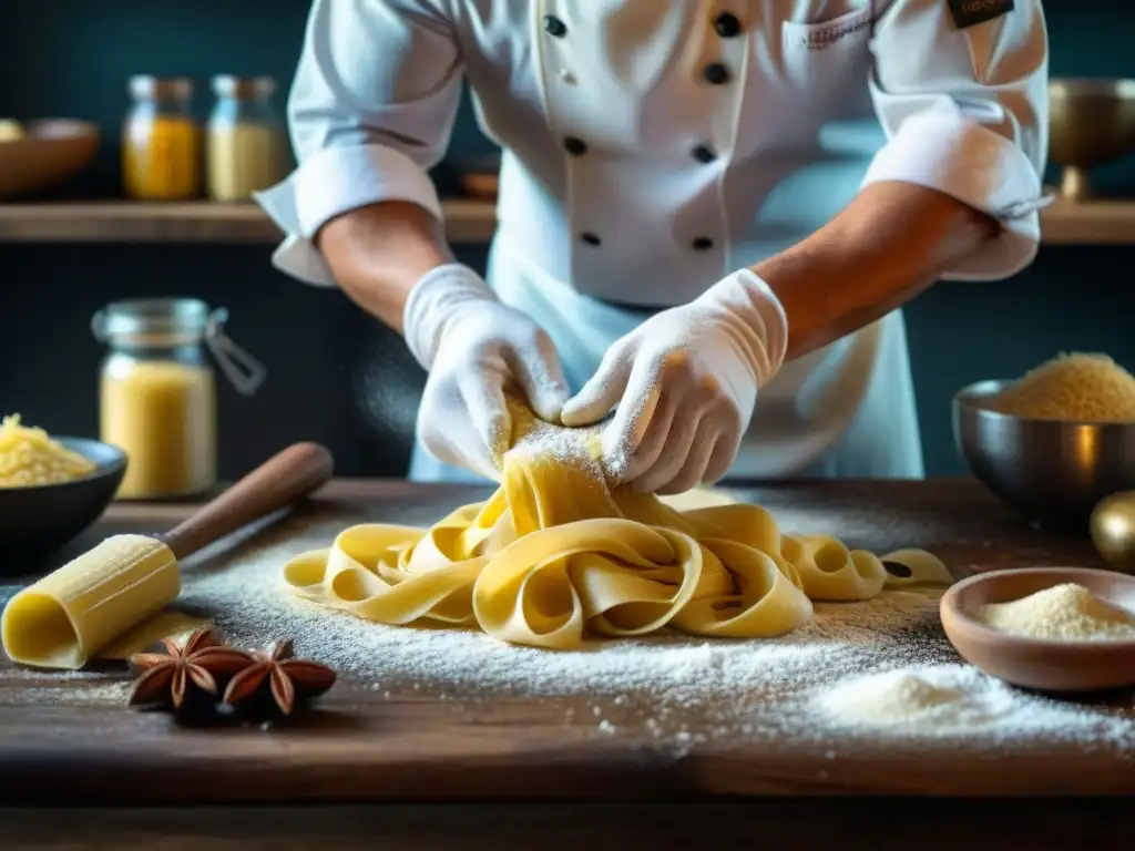 Un chef experto amasando masa fresca para pasta en una cocina italiana moderna