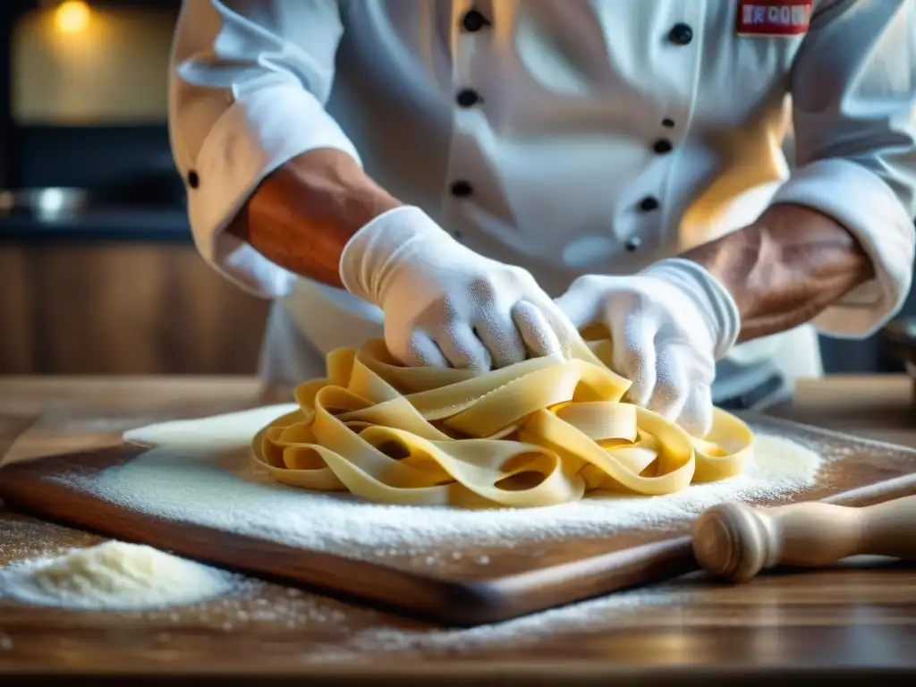 Chef experto doblando masa fresca con destreza, resaltando la conservación adecuada de pasta fresca