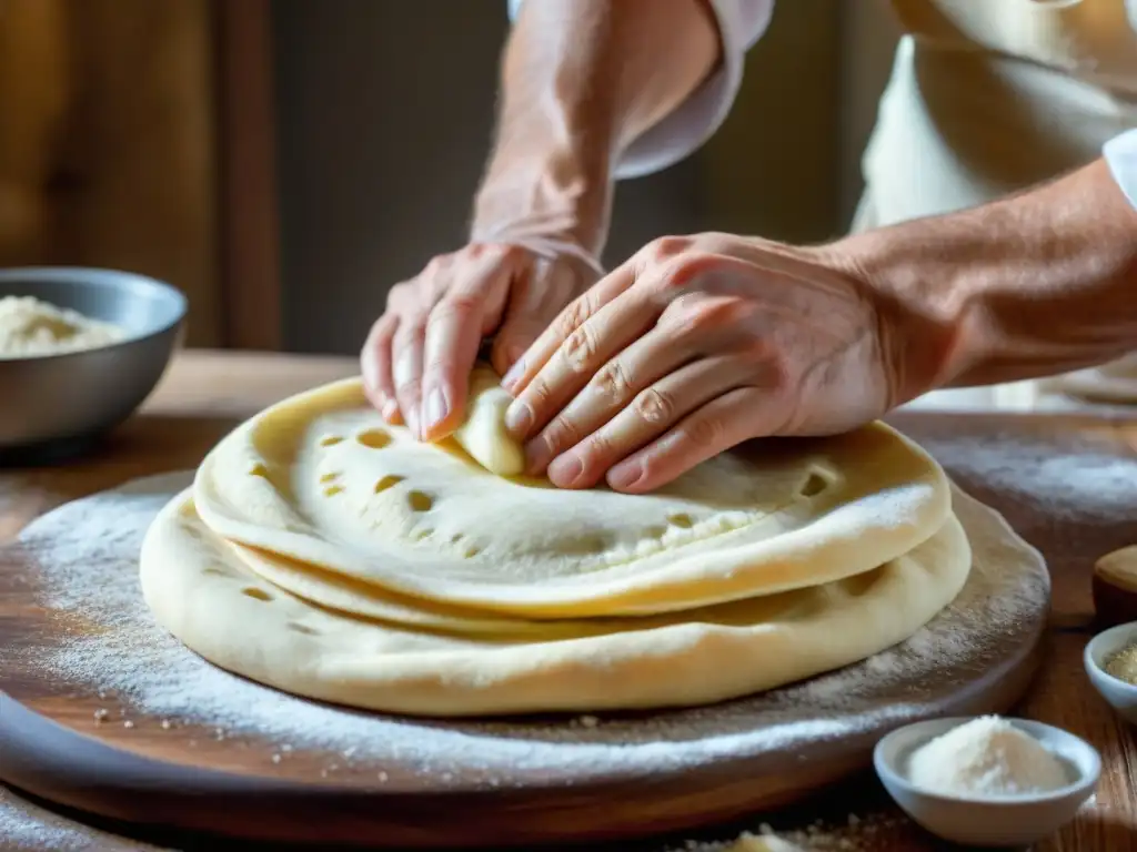 Un chef experto amasa la masa para Piadina Romagnola receta tradicional en una superficie de madera rústica