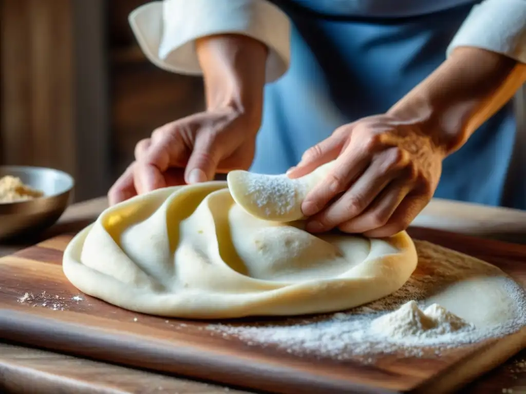 Un chef experto amasa la masa para Piadina Romagnola receta tradicional en una superficie de madera rústica