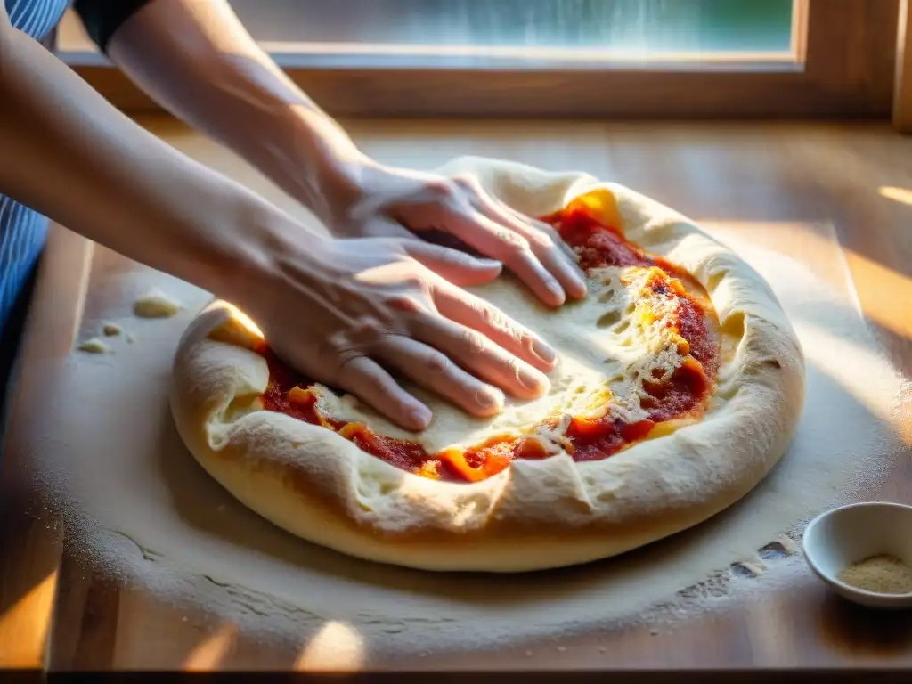 Chef experto amasando masa de pizza en una encimera de madera con polvo de harina en el aire, iluminado por la luz del sol