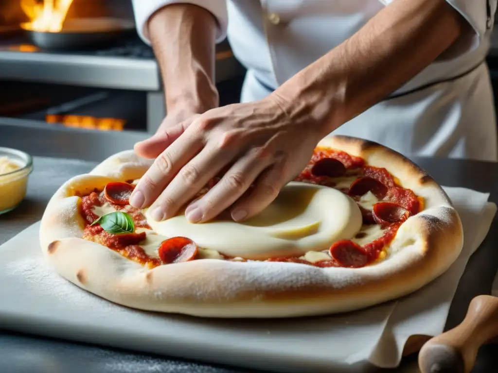 Un chef experto estira la masa de pizza con destreza, mostrando la transformación en una base fina y redonda