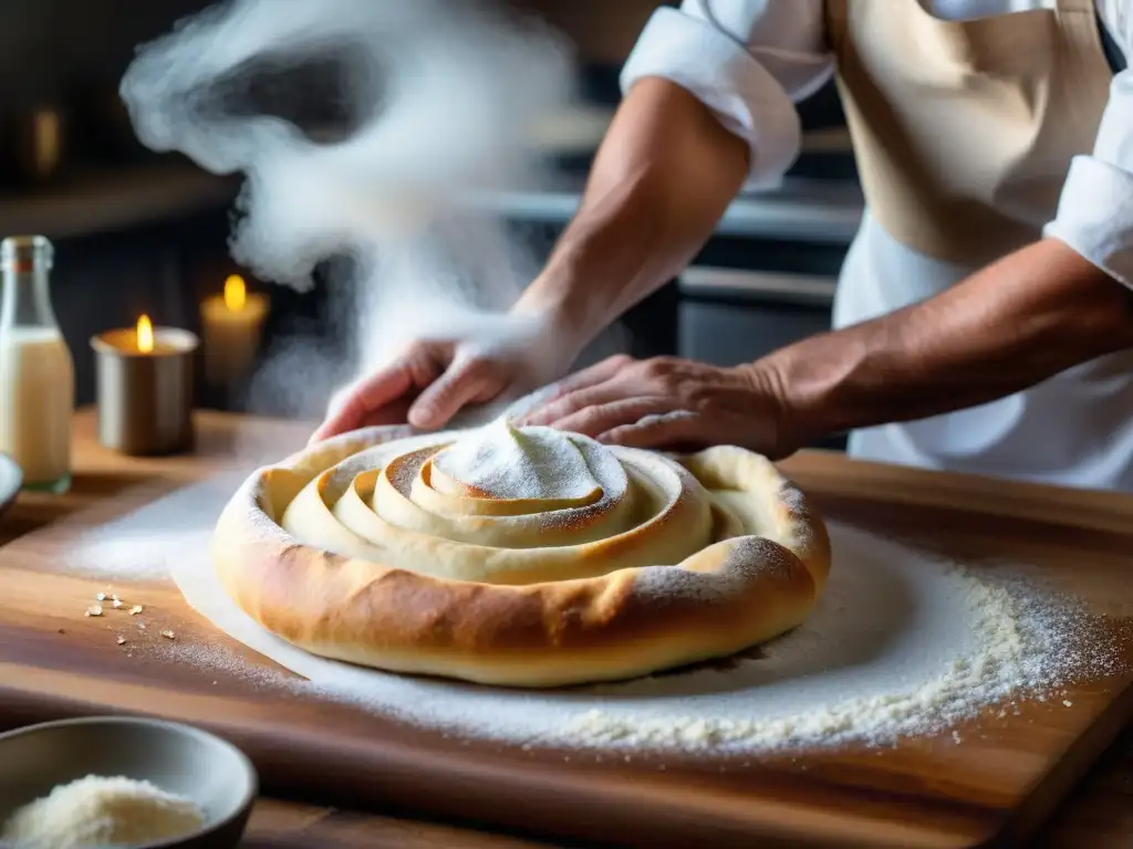 Un chef experto estira la masa para un stromboli en una cocina rústica con horno de leña, creando una escena cálida llena de anticipación