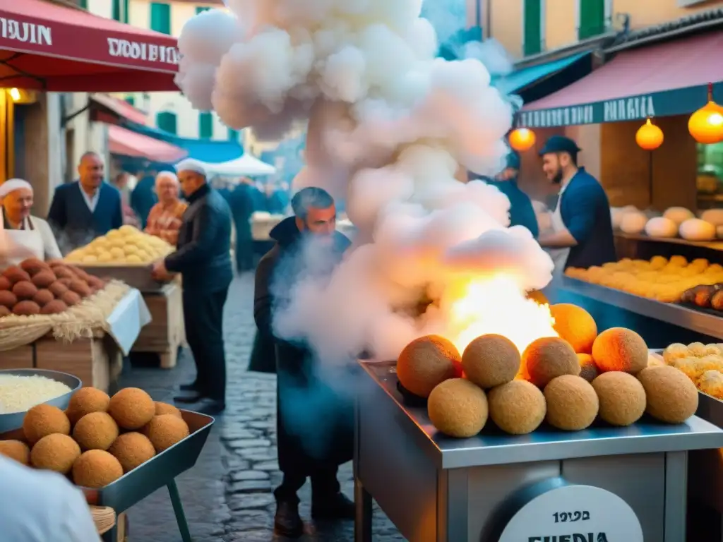 Un chef experto prepara arancini en un mercado bullicioso de Emilia Romaña, Italia, con Bomba di riso