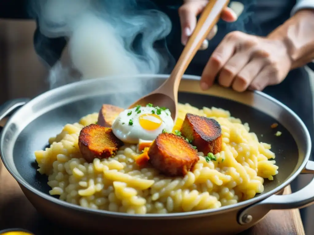 Un chef experto preparando risotto alla Milanese en una olla, destacando la historia del risotto alla Milanese