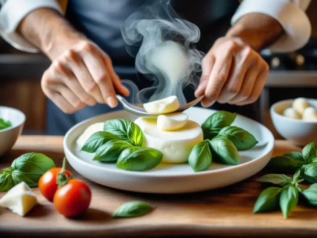 Un chef experto moldea curd de mozzarella vegana con destreza, en cocina rústica con ingredientes italianos, creando una atmósfera de misterio