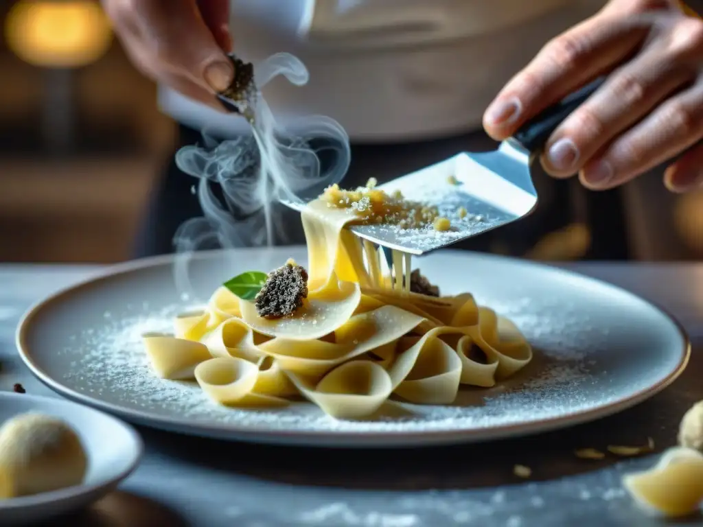 Chef experto en trufa blanca Italia gastronomía mundial: rebanando finas láminas sobre pasta artesanal