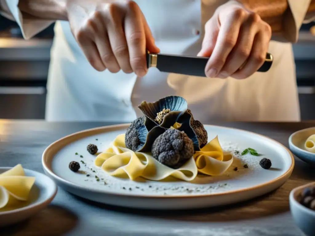 Un chef experto añade trufa negra a pasta casera, creando un plato gourmet