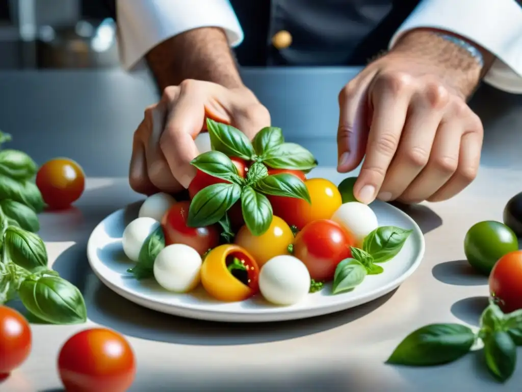 Un chef experto crea una obra culinaria con tomate, mozzarella y albahaca