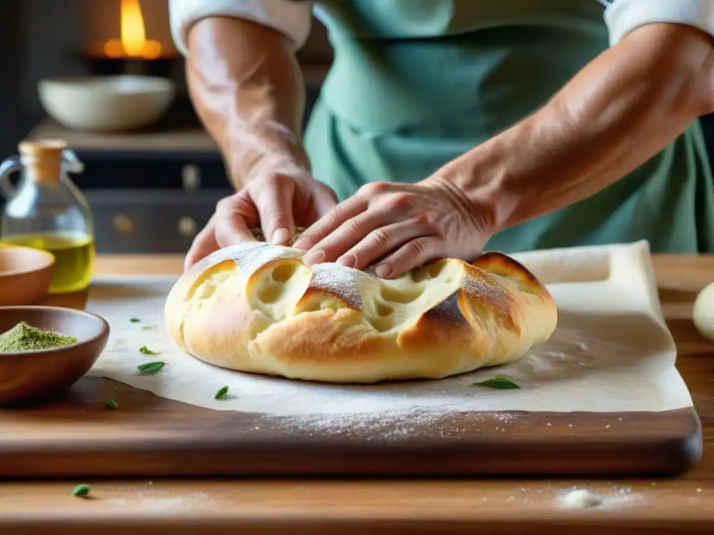 Un chef experto moldea con pasión la masa de focaccia en una cocina italiana rústica