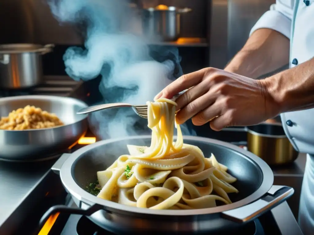 Un chef experto prepara paso a paso una receta de tripa italiana en una bulliciosa cocina italiana