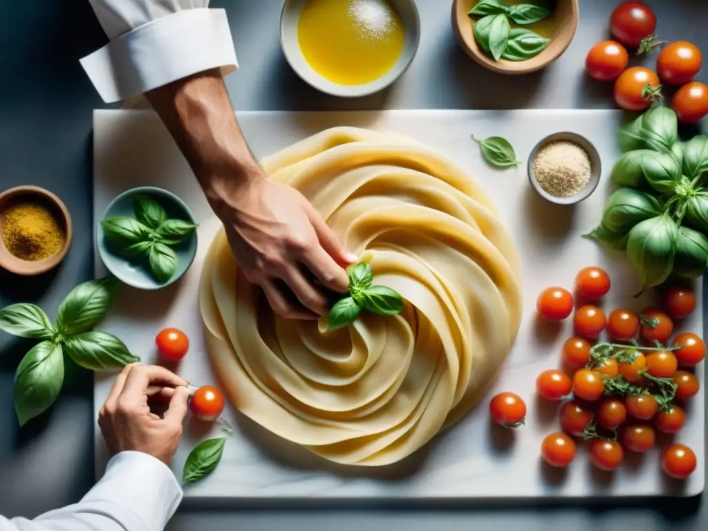 Un chef experto elabora pasta en una animada cocina italiana con ingredientes frescos y coloridos