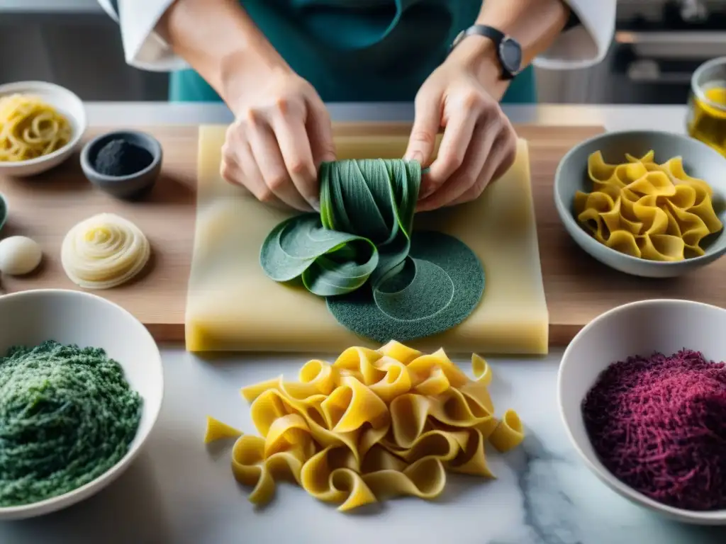 Un chef experto crea pasta arcoíris con ingredientes naturales en un estudio luminoso