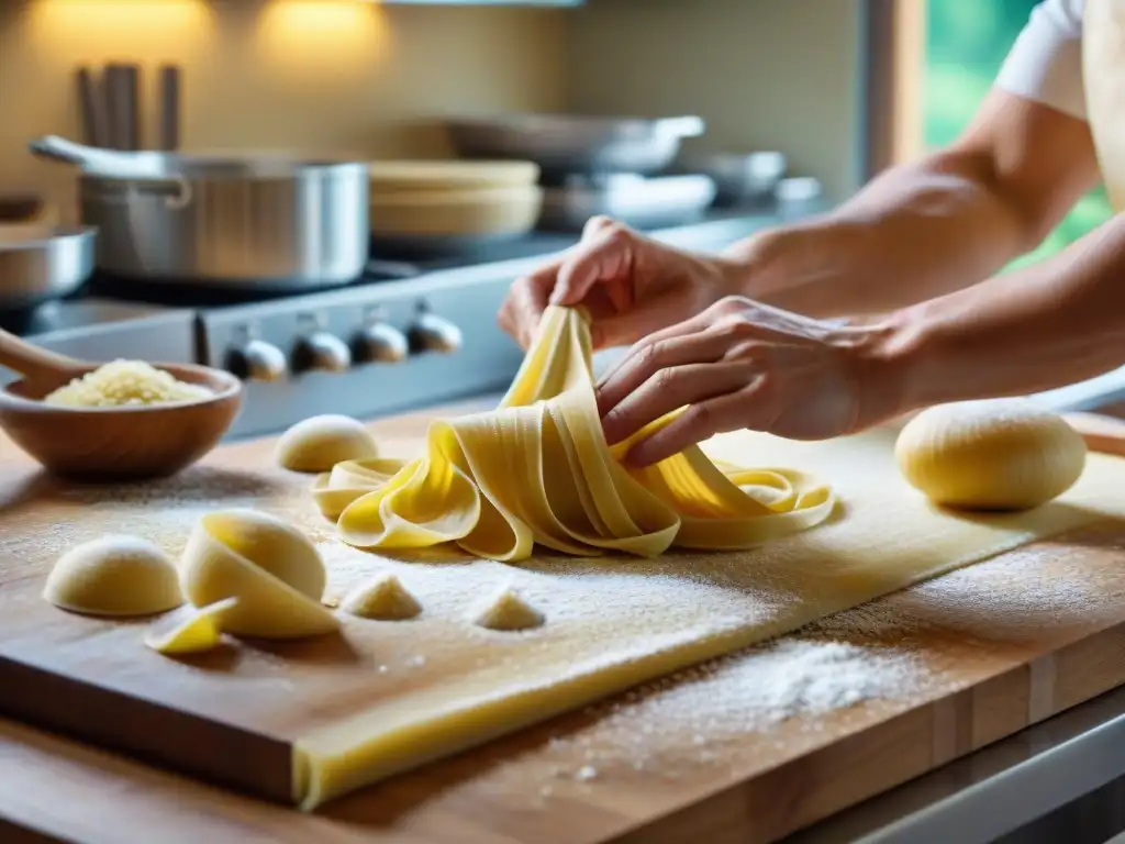 Un chef experto crea pasta artesanal en una cocina italiana, destacando la artesanía detrás de platos icónicos