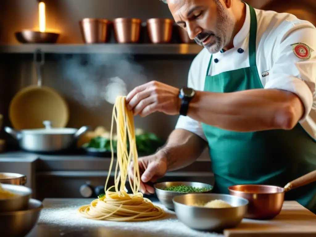 Chef experto preparando pasta artesanal en una cocina tradicional italiana llena de ollas de cobre, hierbas frescas y especias coloridas