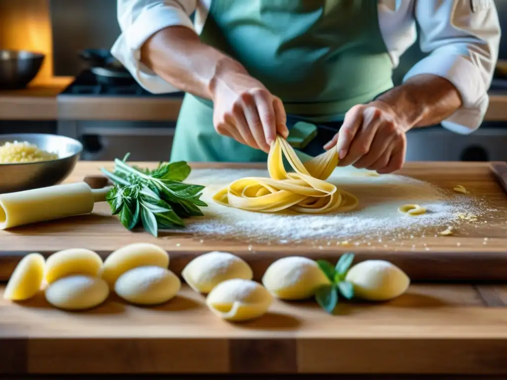 Chef experto preparando pasta artesanal en cocina tradicional italiana con vinos italianos tradicionales recomendados