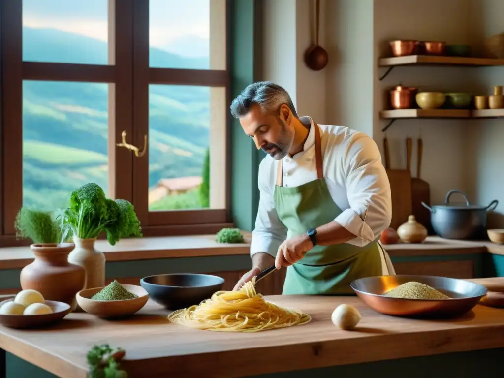 Un chef experto preparando pasta artesanal en una cocina tradicional de Umbría, bañada en cálida luz natural