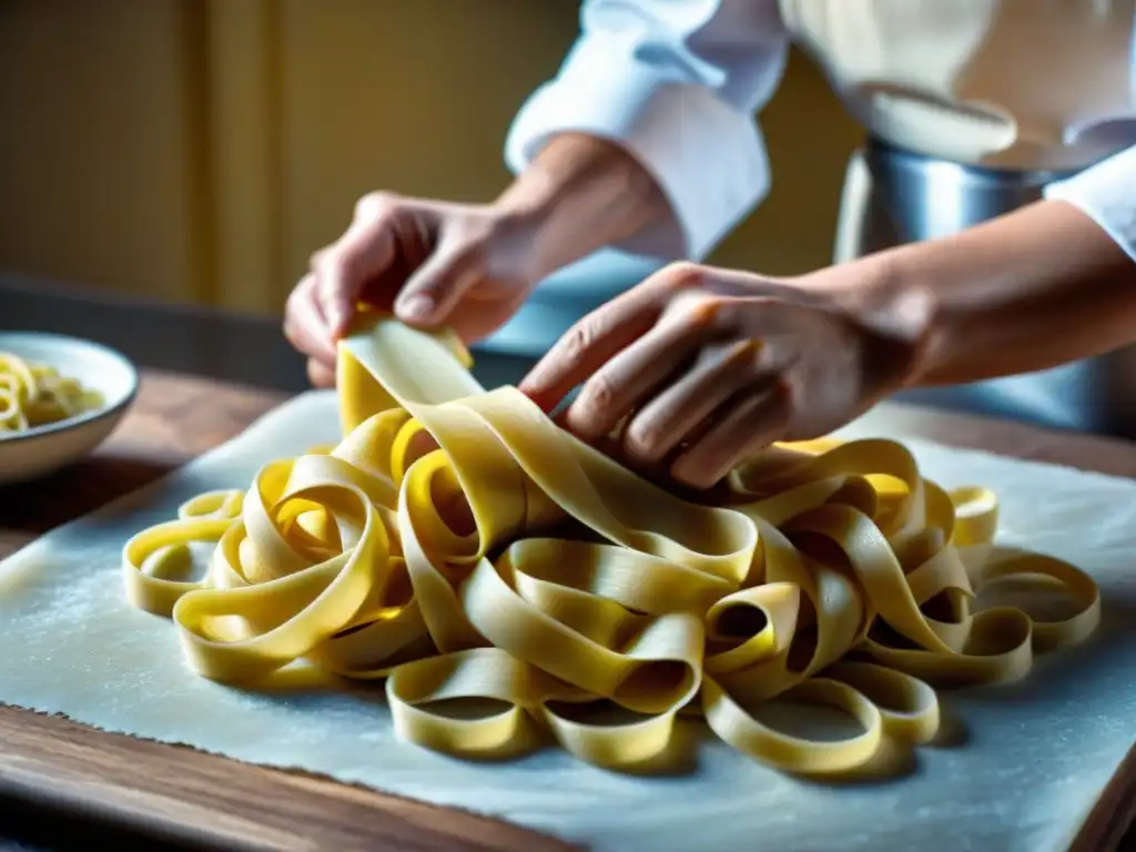 Un chef experto moldea tagliatelle en la pasta, bajo cálida luz, mostrando la artesanía de cocinar pasta al dente